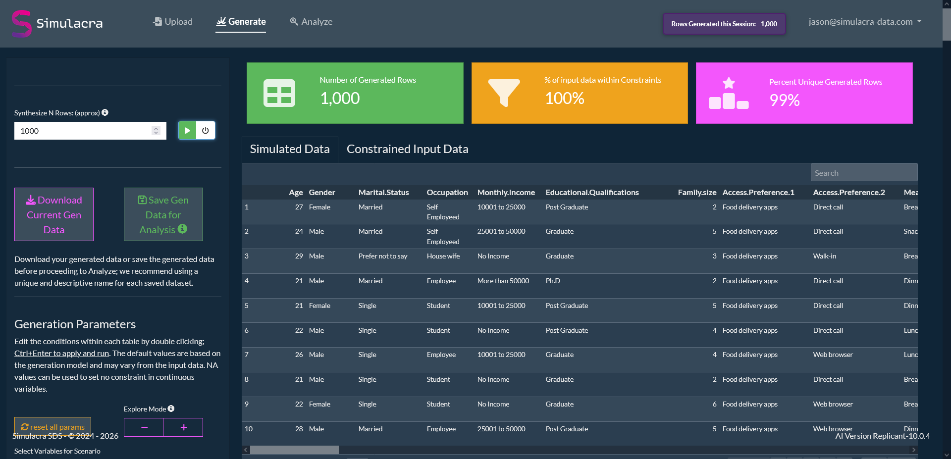 Studio Generate tab showing 1,000 generated rows, 100 percent within constraints, and 99 percent unique generated rows.